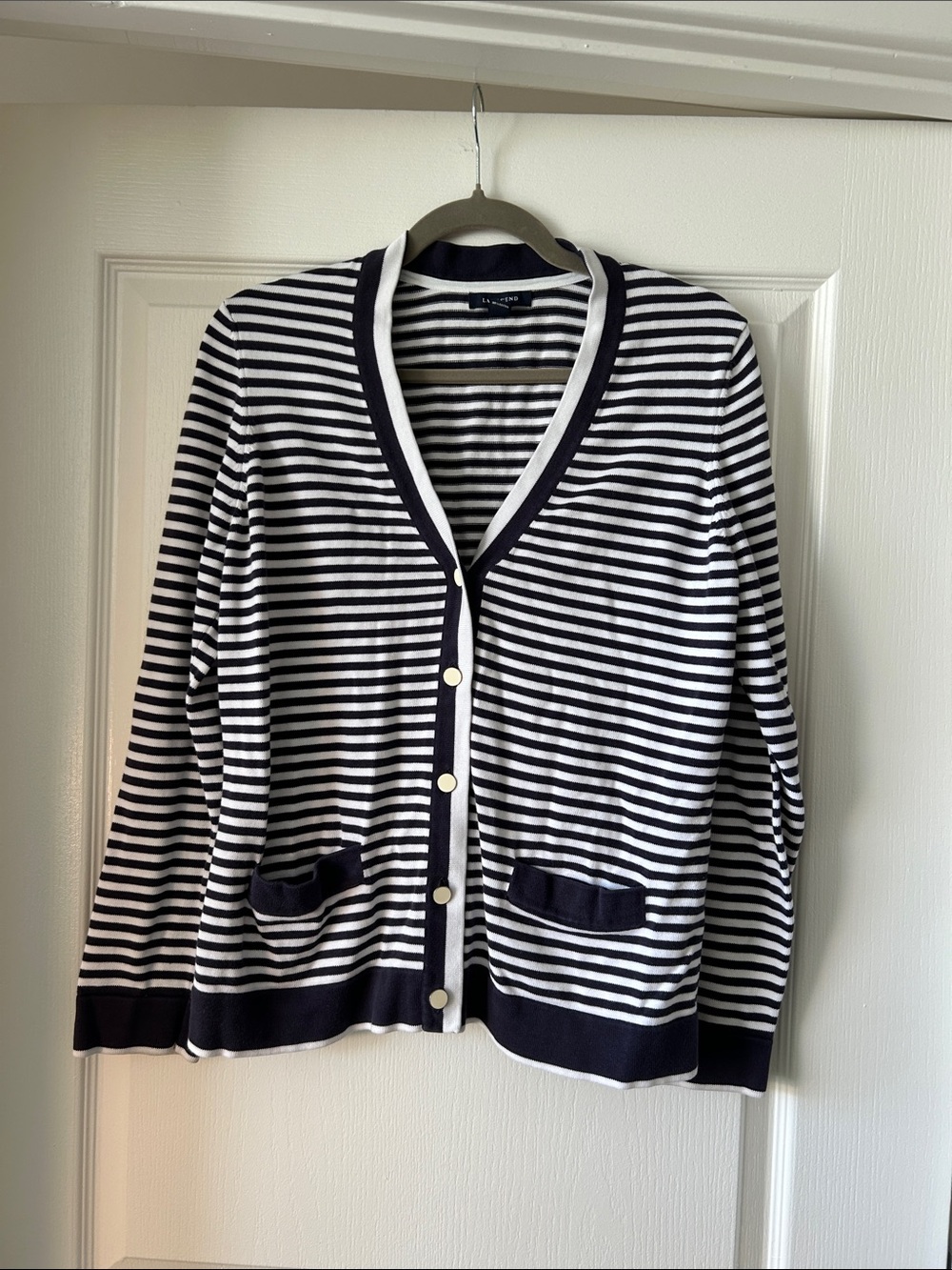 Lands' End Navy and White Striped V-Neck Button Cardigan